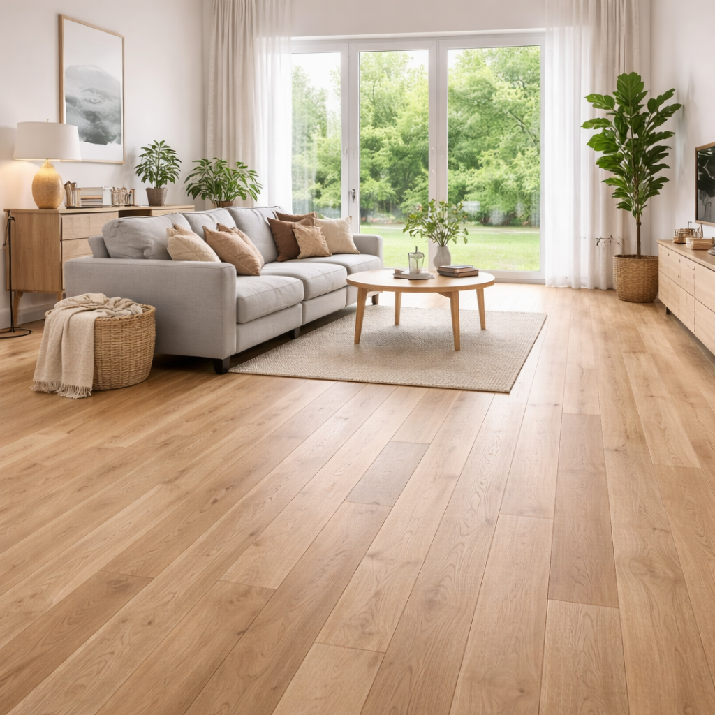 Bodenlegen Mannheim – neu verlegter Holzboden in modernem, hellem Wohnraum