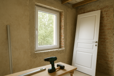 Neues weißes Kunststofffenster in einer sanierten Wand mit sichtbarem Mauerwerk und sauber montiertem Rahmen.