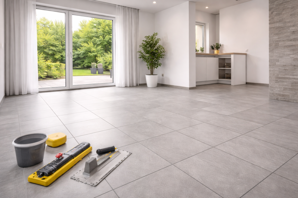 Fliesenverlegung Mannheim – neu verlegte Bodenfliesen in modernem, hellem Wohnraum