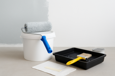 Professionelle Malerarbeiten – Farbroller, Pinsel und Farbkübel für Innen- und Außenanstriche