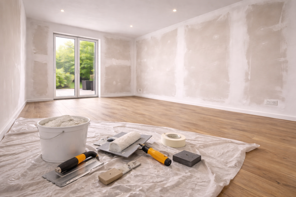 Putz- & Spachtelarbeiten Mannheim – frisch gespachtelte Wände und Decken vor dem Anstrich