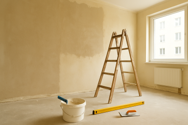 Renovierungsraum mit frisch verputzter Wand, Leiter, Spachtelwerkzeugen und Eimer – laufende Putz- und Spachtelarbeiten ohne Personen