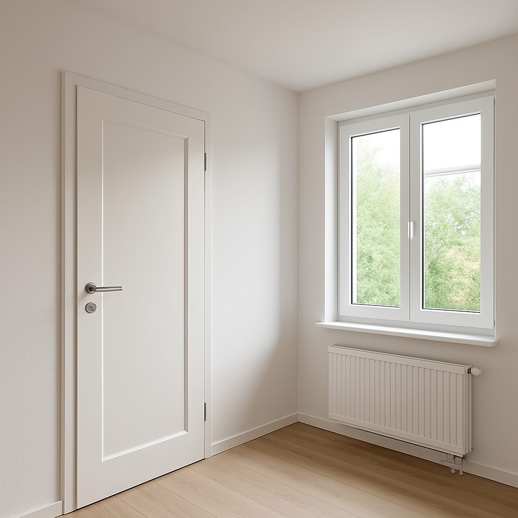 Heller renovierter Innenraum mit neuer Tür, Fenster und Bodenbelag