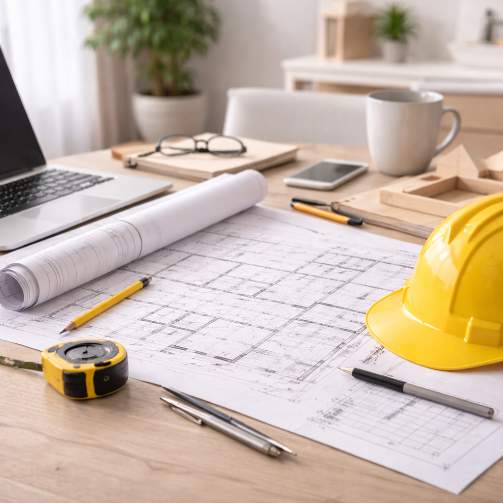 Arbeitsvorbereitung für Renovierungsarbeiten mit Bauplänen, Werkzeugen und Schutzhelm