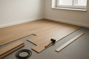 Bodenleger bei der Verlegung heller Paneele in einem leeren Raum, mit vorbereiteten Dielen und einem Gummihammer